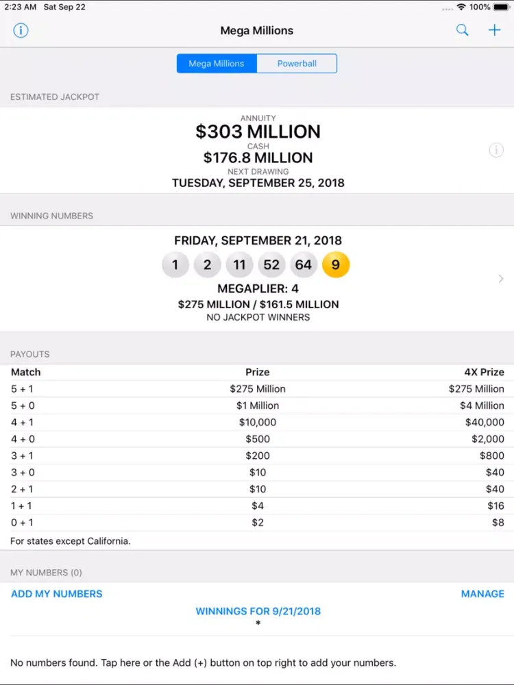 Mega Millions + Powerball iPad  Screenshots