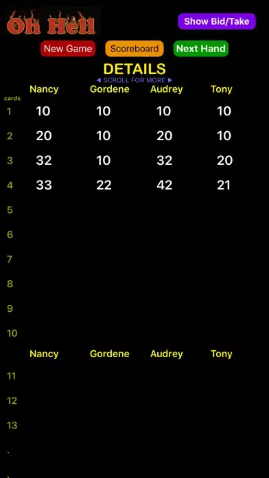 Oh Hell Scorekeeper سکرین شاٹس