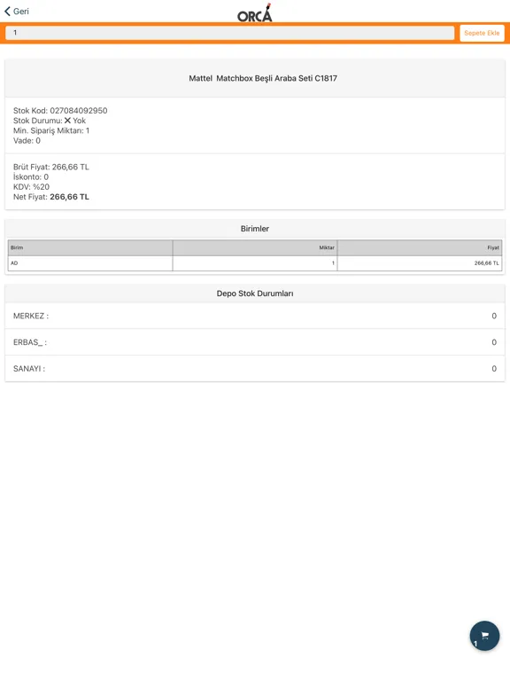 Ảnh chụp màn hình của Orca B2B iPad 