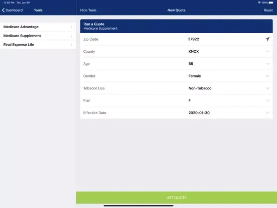 Tangkapan layar NCC Quoting Tools iPad 