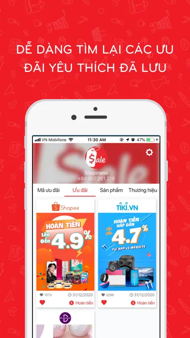 Tangkapan layar Shopiness: Hoàn tiền, Giảm Giá