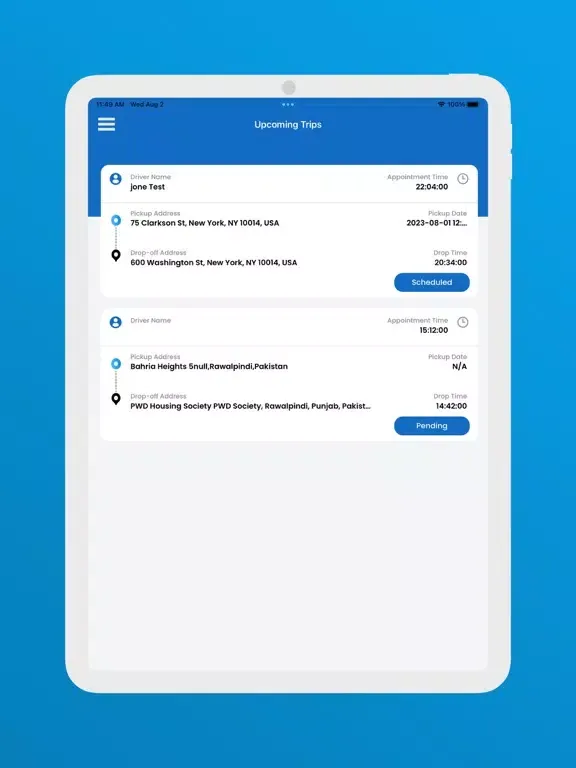 Tangkapan layar NEMT Dispatch Customer V1 iPad 