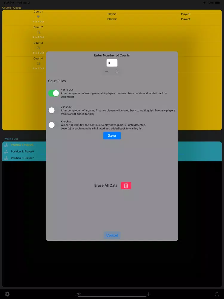 Tangkapan layar Racket Sports Admin iPad 