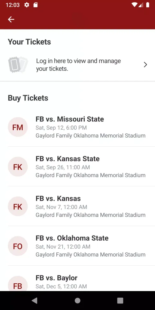 Capturas de tela do Oklahoma Sooners