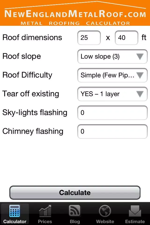 Tangkapan skrin Metal Roofing Calculator