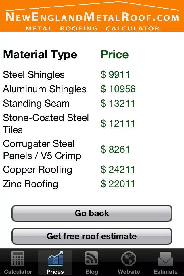Tangkapan skrin Metal Roofing Calculator