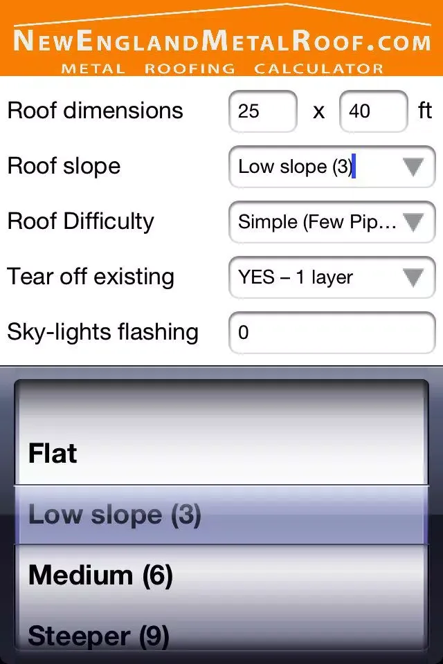 Tangkapan skrin Metal Roofing Calculator
