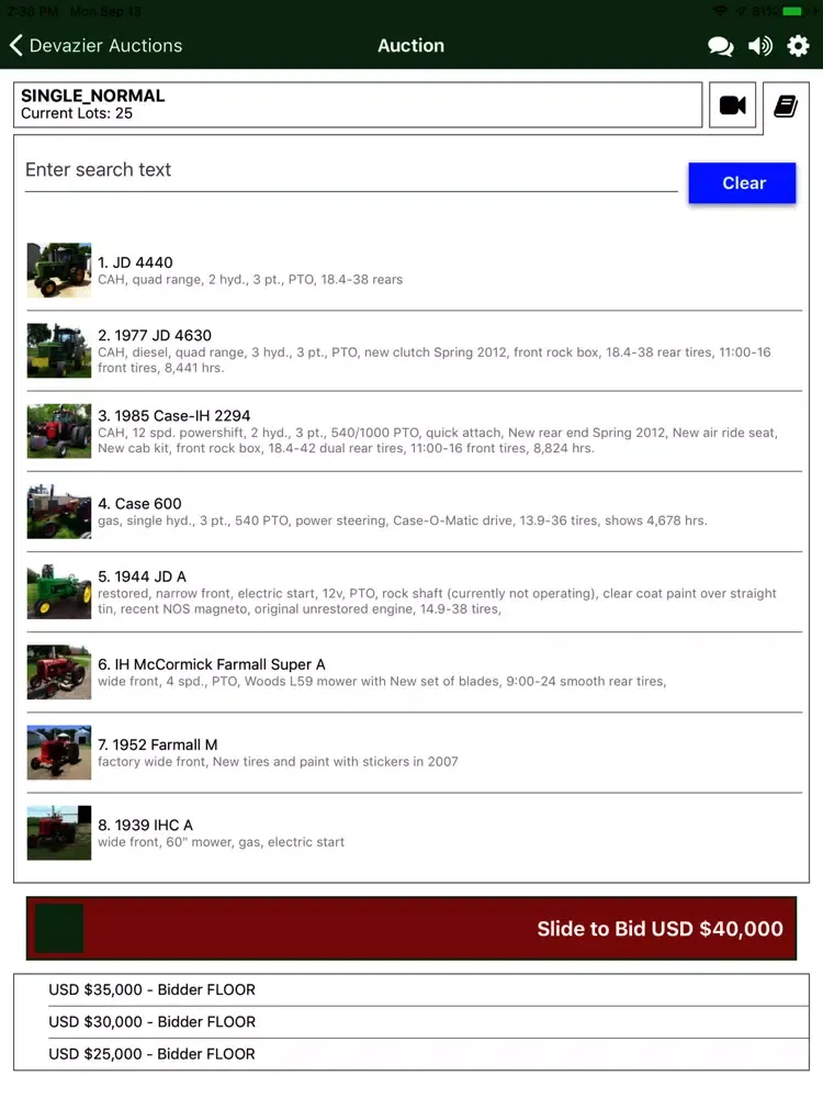 Capturas de tela do Devazier Auctions Live iPad 