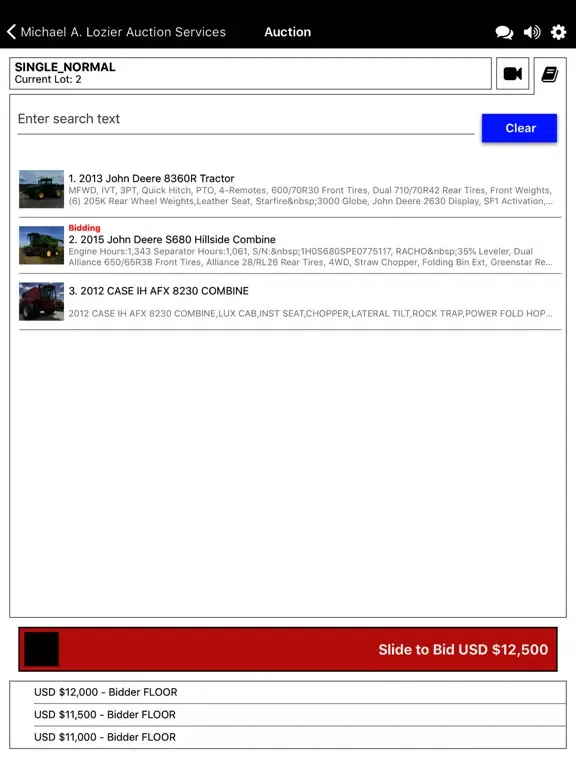 Ảnh chụp màn hình của Michael A. Lozier Auction Live iPad 