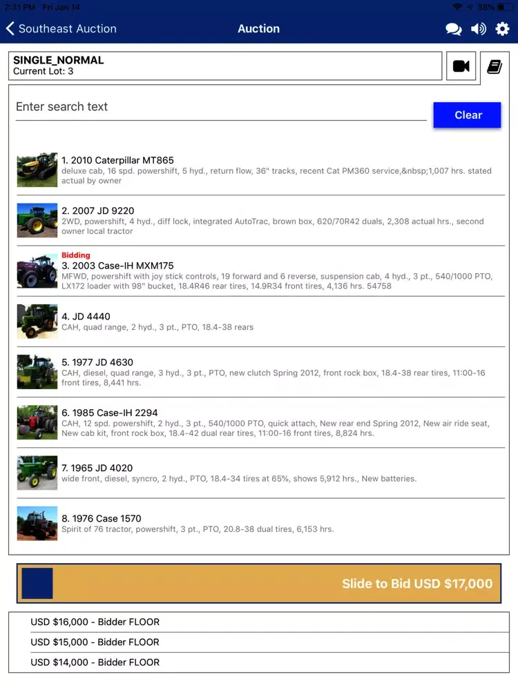 Tangkapan skrin Southeast Auction Live iPad 