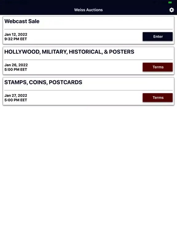 Capturas de tela do Weiss Auctions Live iPad 