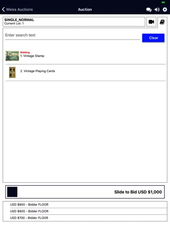 Capturas de tela do Weiss Auctions Live iPad 