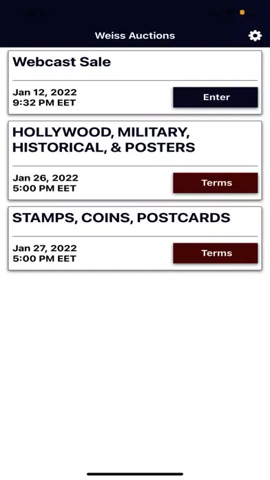 Capturas de tela do Weiss Auctions Live