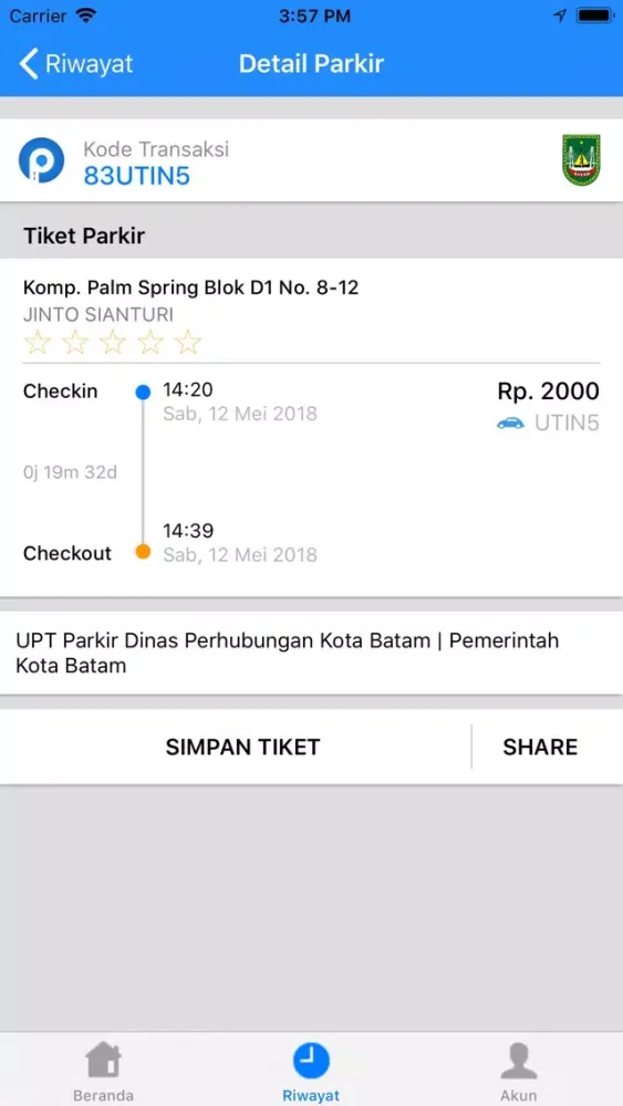 Tangkapan skrin E-Parking Batam