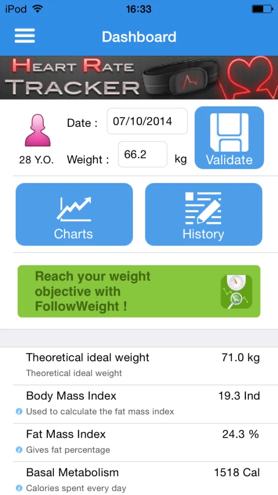 Zrzuty ekranu Physio Tracker, calculate and monitoring BMI, BFM, ideal weight and basal metabolism.