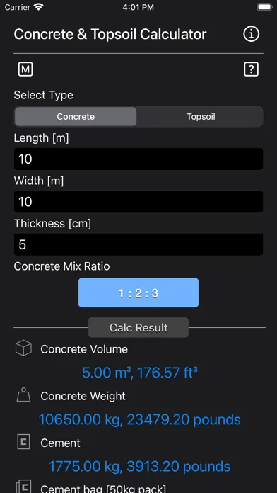 Concrete & Topsoil Calculator Screenshots