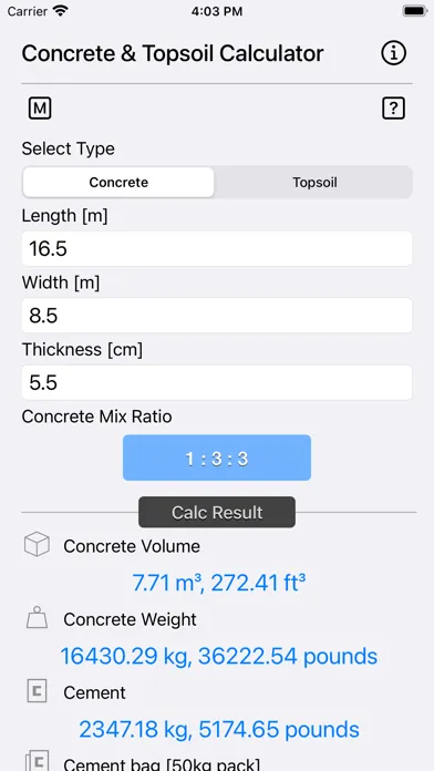 Concrete & Topsoil Calculator Screenshots
