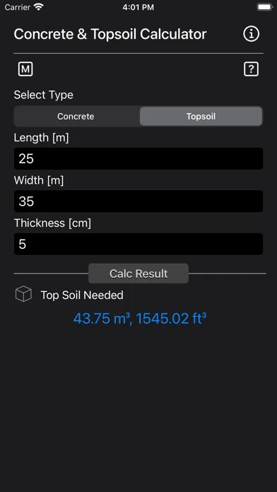 Concrete & Topsoil Calculator Screenshots