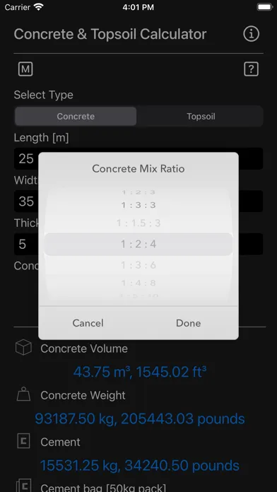 Concrete & Topsoil Calculator Screenshots