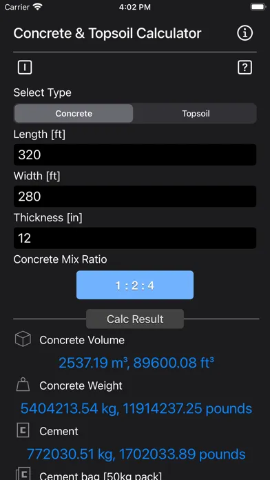 Concrete & Topsoil Calculator Screenshots