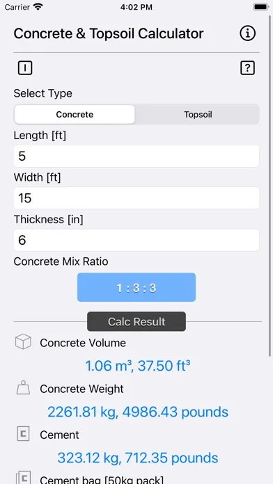 Concrete & Topsoil Calculator Screenshots