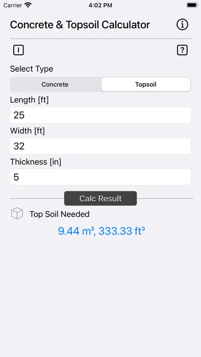 Concrete & Topsoil Calculator Screenshots