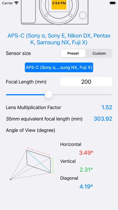 Capturas de tela do Focal Length Calculator