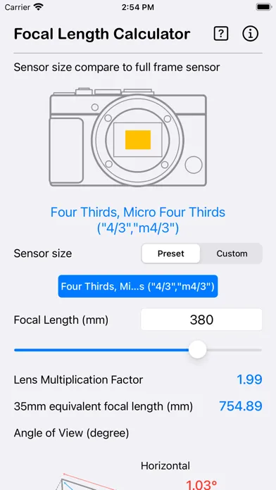 Capturas de tela do Focal Length Calculator