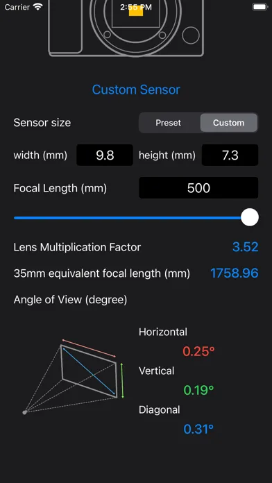 Capturas de tela do Focal Length Calculator