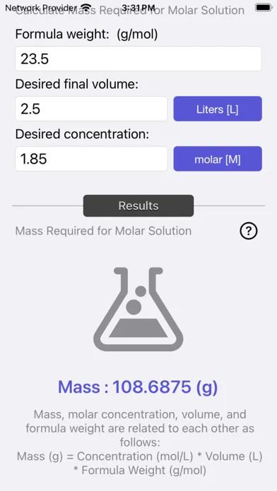 Mass Molarity Calculator Screenshots
