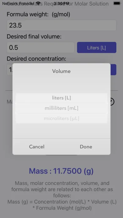 Mass Molarity Calculator Screenshots