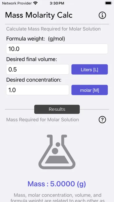 Mass Molarity Calculator Screenshots