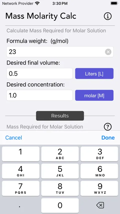 Mass Molarity Calculator Screenshots