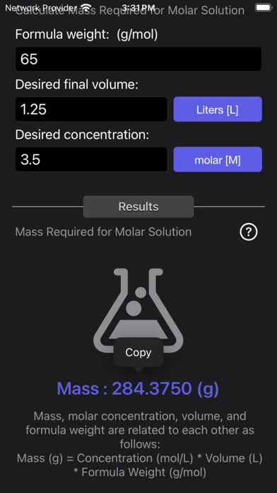 Mass Molarity Calculator Screenshots