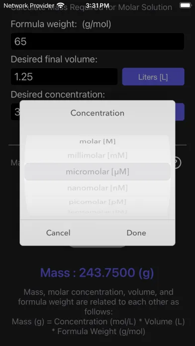 Mass Molarity Calculator Screenshots