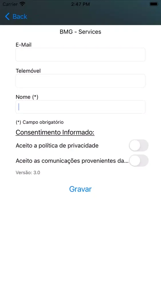 Capturas de tela do BMG Services Mobile