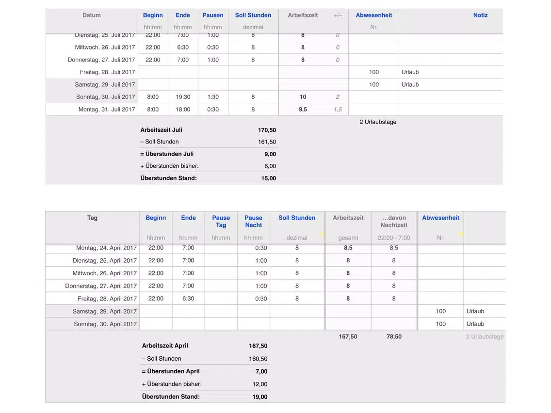 Zeiterfassung 2017 für Numbers iPad  स्क्रीनशॉट