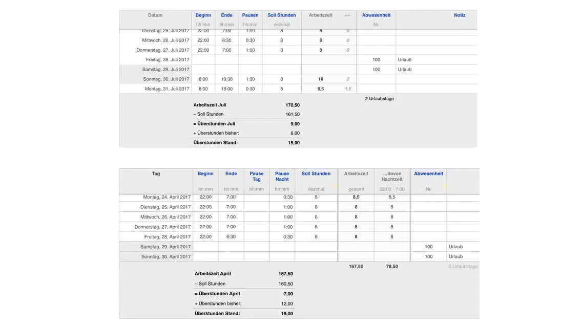 Zeiterfassung 2017 für Numbers स्क्रीनशॉट