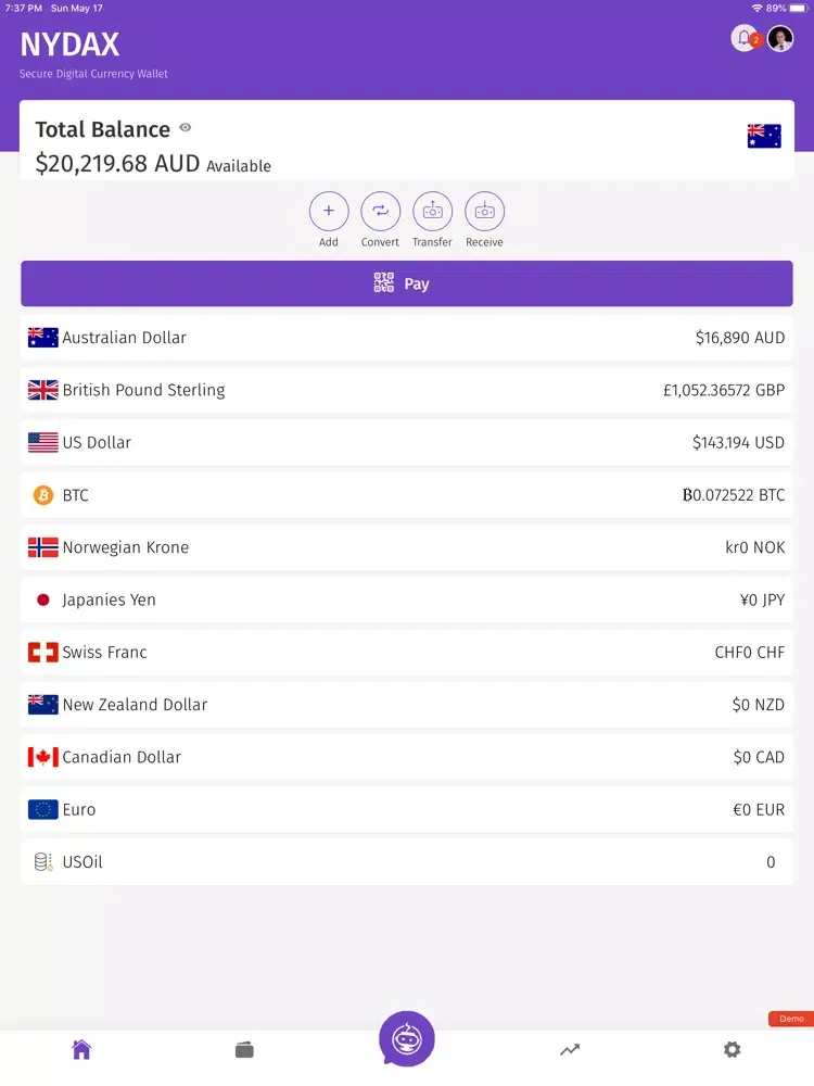 Tangkapan skrin NYDAX Digital Asset Wallet iPad 