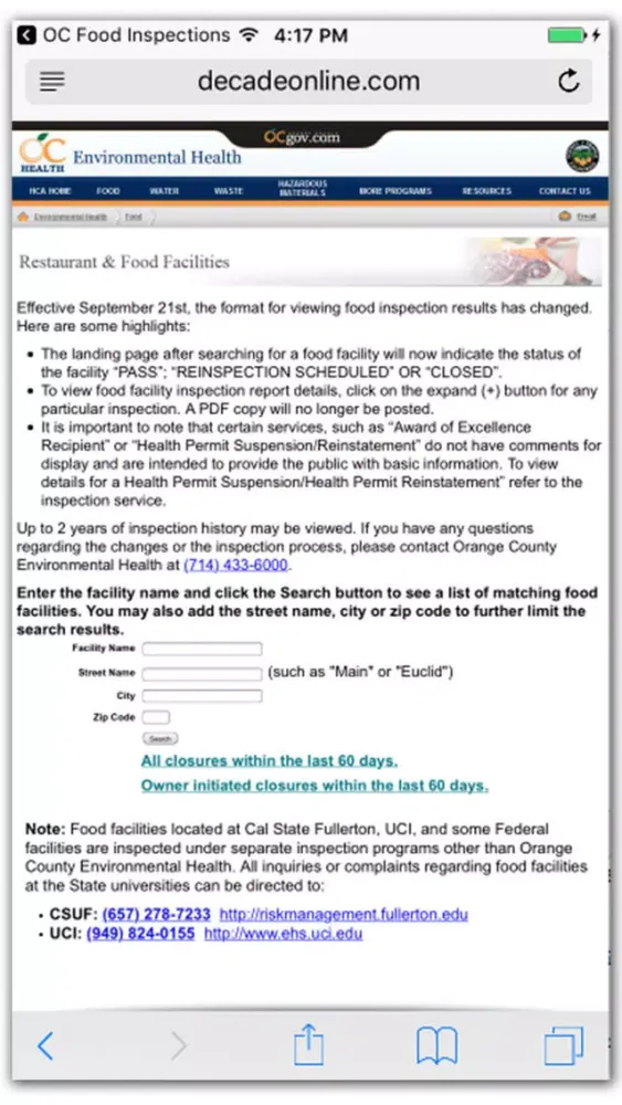 OC Food Inspections Screenshots