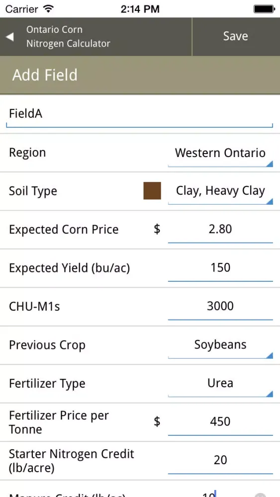 Ontario Corn Nitrogen Calculator Screenshots
