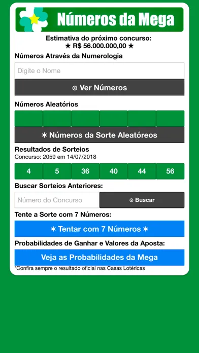 Capturas de tela do Números da Megasena