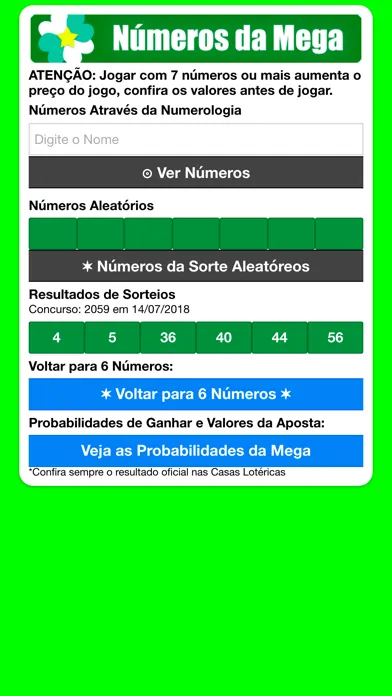 Capturas de tela do Números da Megasena