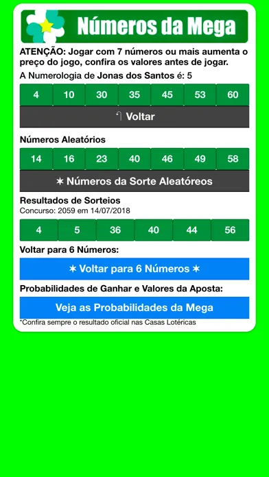 Capturas de tela do Números da Megasena