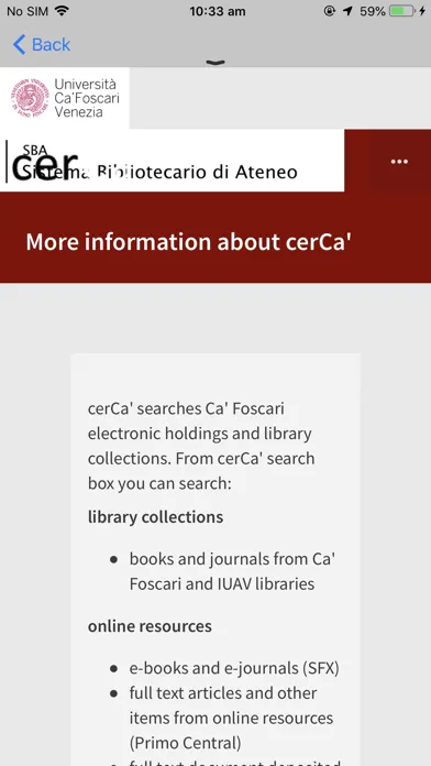 Ảnh chụp màn hình của CerCa' Foscari Library System