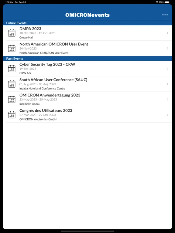 Ảnh chụp màn hình của OMICRON Events iPad 