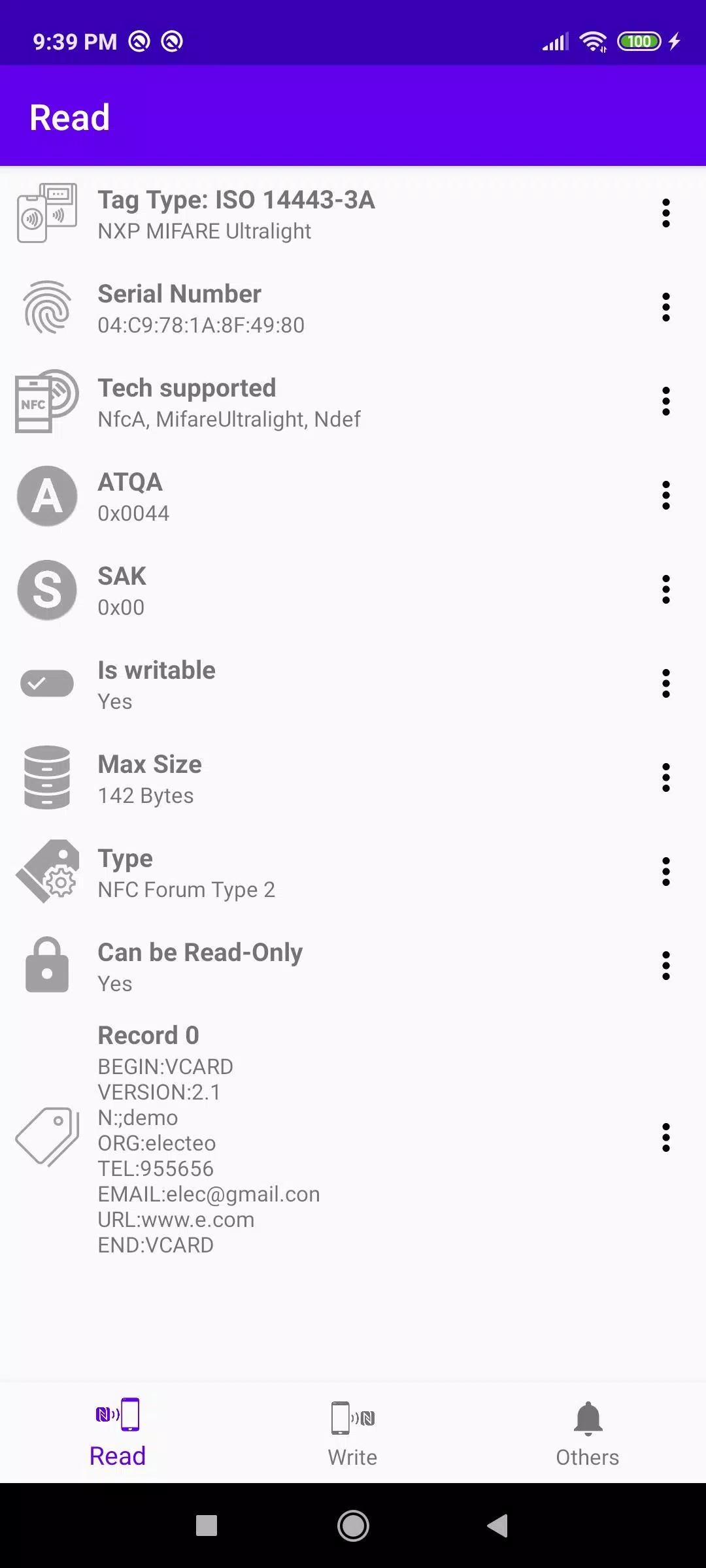 Captures d'écran de NFC Tag Tools