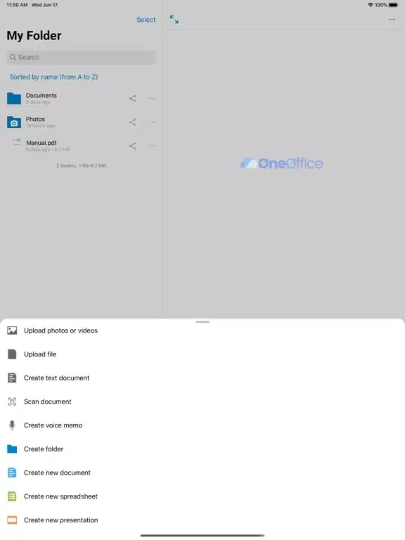 ภาพหน้าจอของ OneOffice Drive iPad 