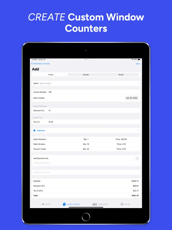 Window Cleaning Estimator iPad  스크린샷