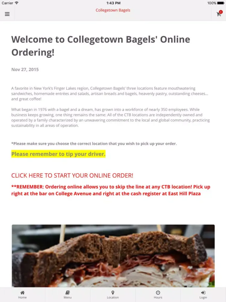 Tangkapan skrin Collegetown Bagels Online Ordering iPad 